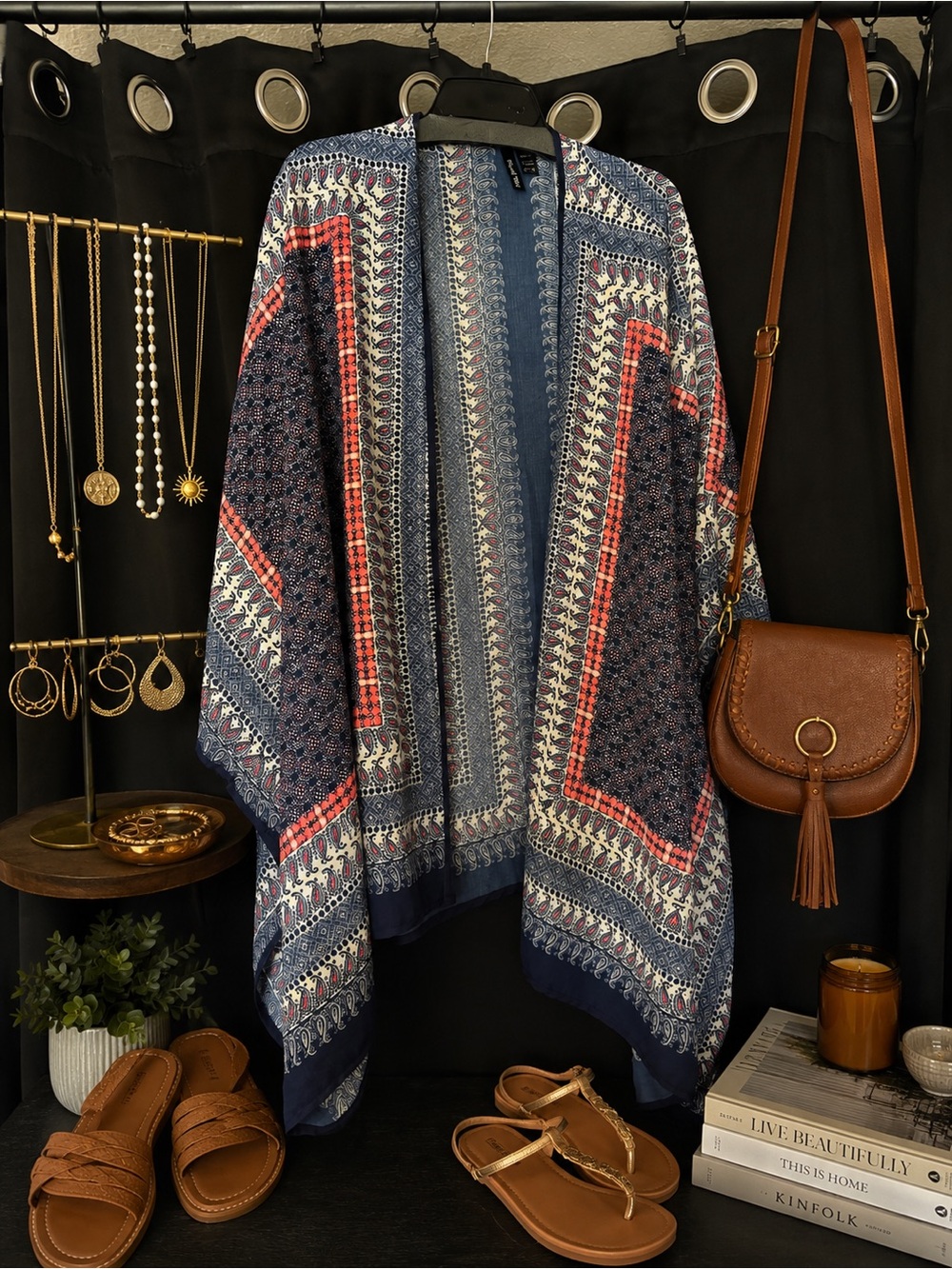 Open-Front Boho Kimono Cardigan in Navy & Coral